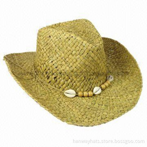 Cowboy straw hat, made of natural raffia straw with beads for trim